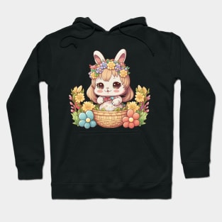 Anime Easter Bunny Girl In Basket. Spring Rainbow Flowers and Easter Eggs Hoodie